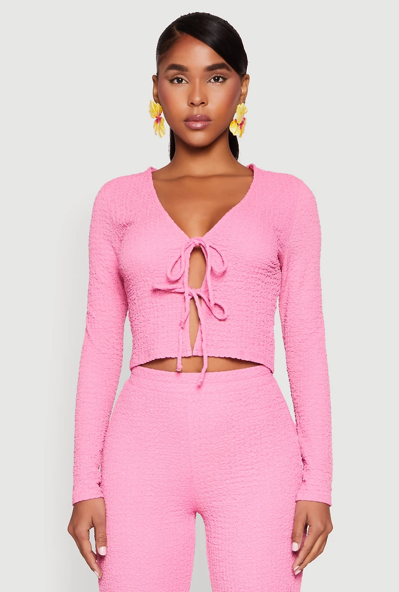Womens Textured Knit Double Tie Front Crop Top,