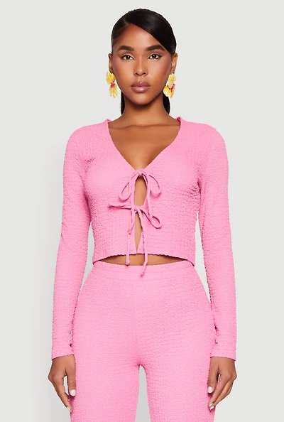 Womens Textured Knit Double Tie Front Crop Top,