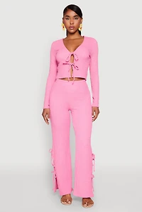 Womens Textured Knit Double Tie Front Crop Top, Pink, Size XL