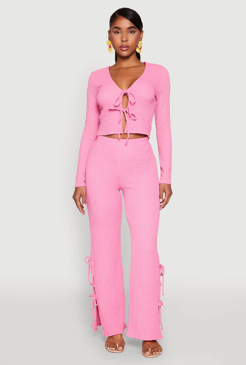 Womens Textured Knit Double Tie Front Crop Top, Pink, Size M