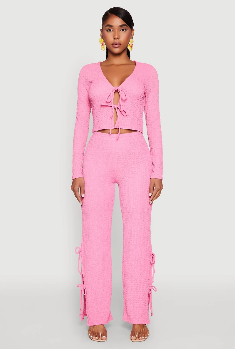 Womens Textured Knit Double Tie Front Crop Top, Pink, Size M
