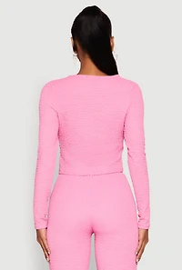 Womens Textured Knit Double Tie Front Crop Top,