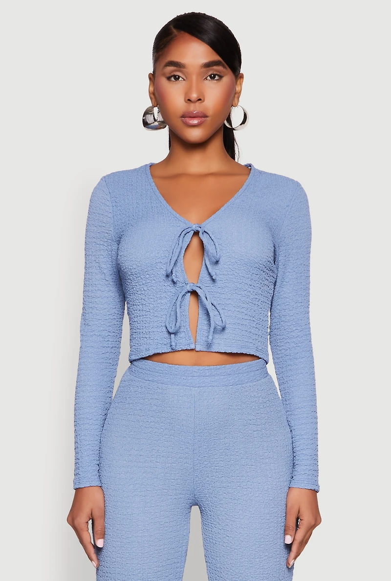 Womens Textured Knit Double Tie Front Crop Top,