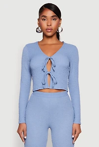 Womens Textured Knit Double Tie Front Crop Top,
