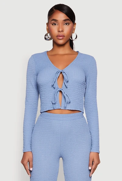 Womens Textured Knit Double Tie Front Crop Top,