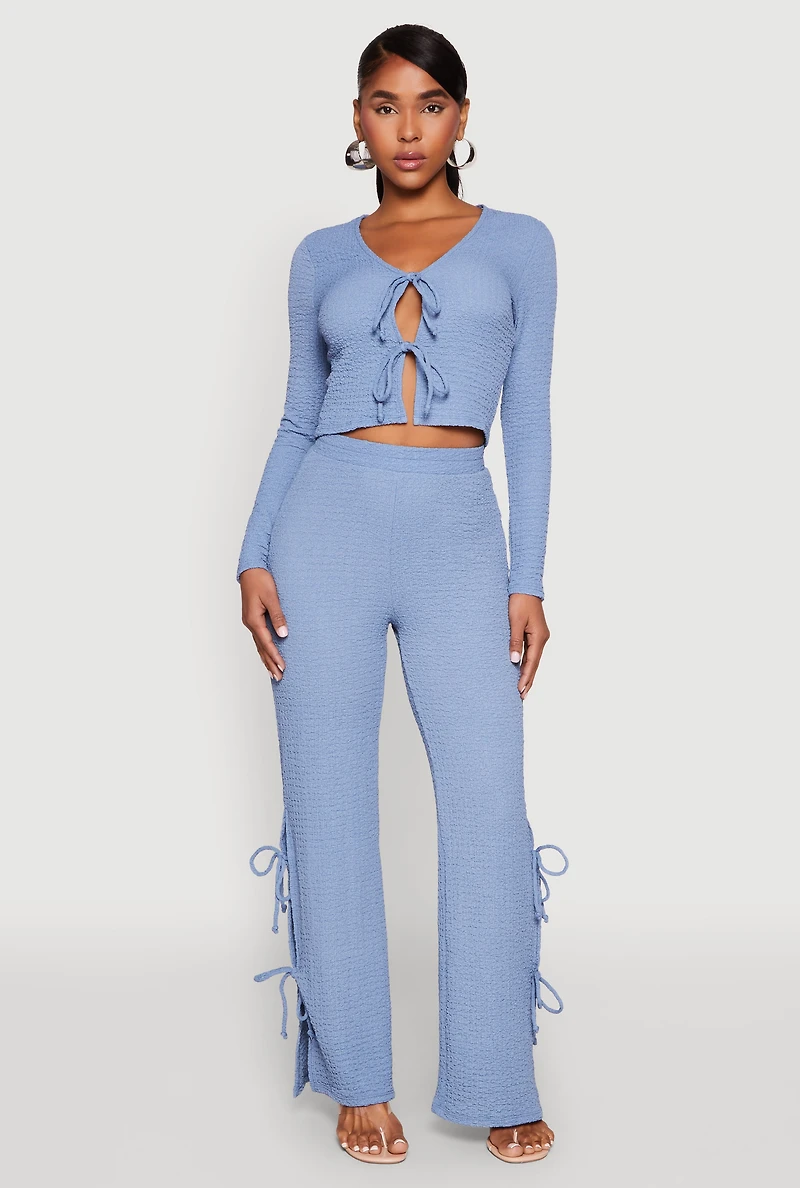 Womens Textured Knit Double Tie Front Crop Top,