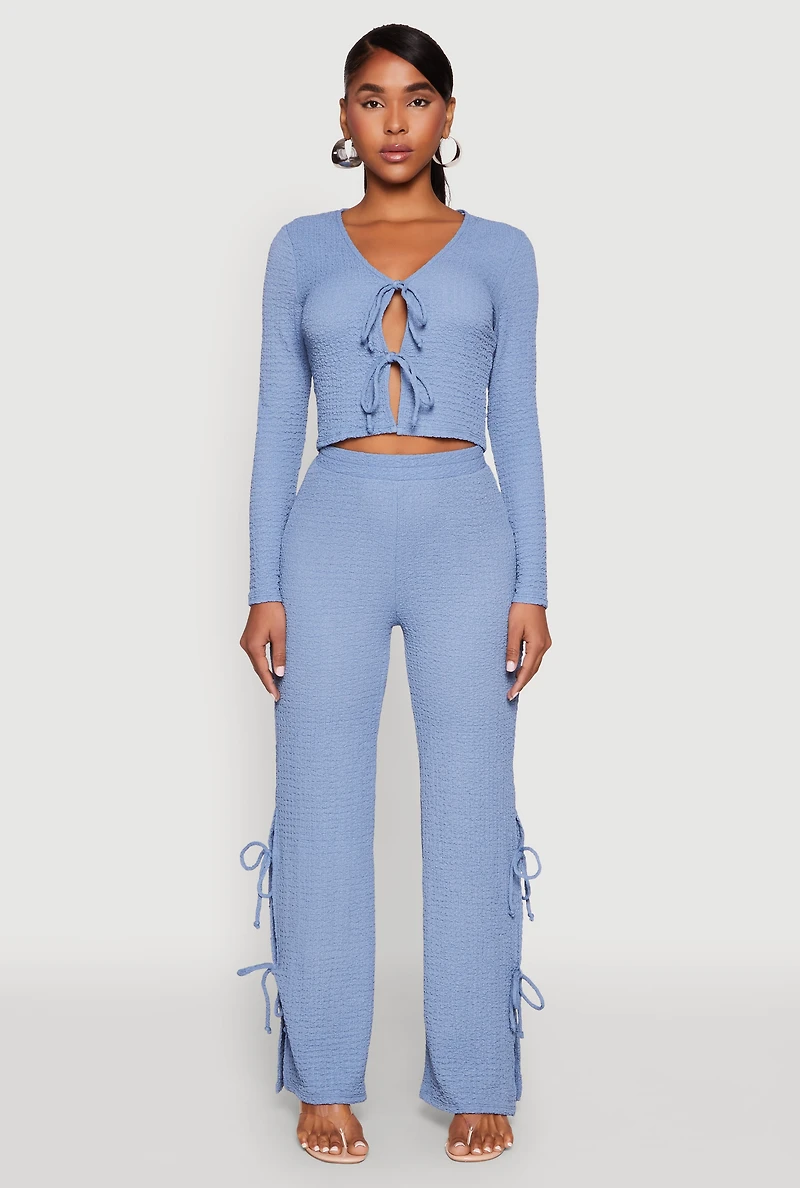 Womens Textured Knit Double Tie Front Crop Top,