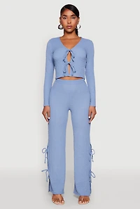 Womens Textured Knit Double Tie Front Crop Top,