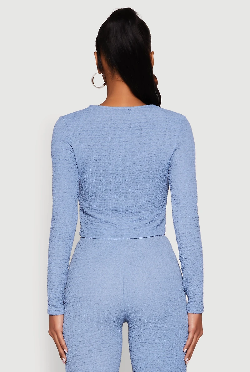 Womens Textured Knit Double Tie Front Crop Top,