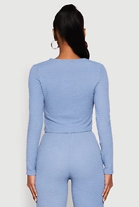 Womens Textured Knit Double Tie Front Crop Top,