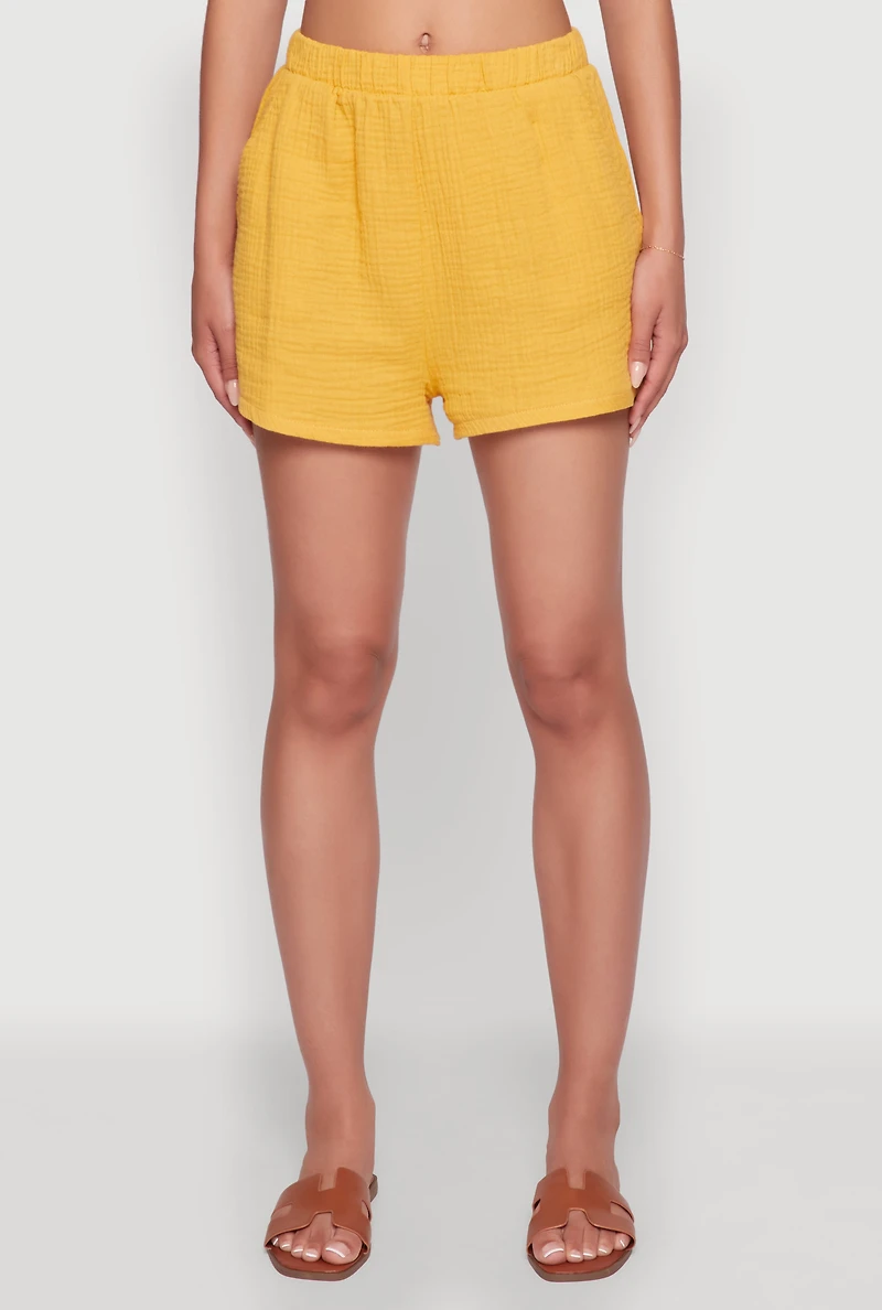 Womens Trendy Gauze Knit Shorts for Casual Summer Wear, Yellow, Size S