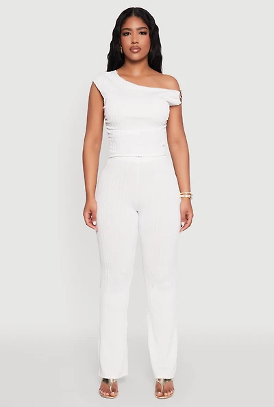 Womens High Waisted Textured Knit Boot Cut Pants, White, Size L