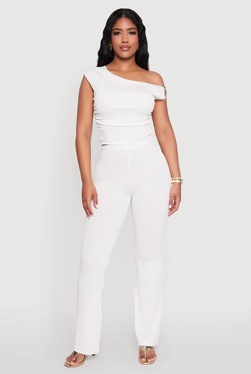 High Waisted Textured Knit Boot Cut Pants