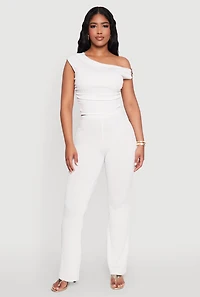 Womens High Waisted Textured Knit Boot Cut Pants, White, Size L