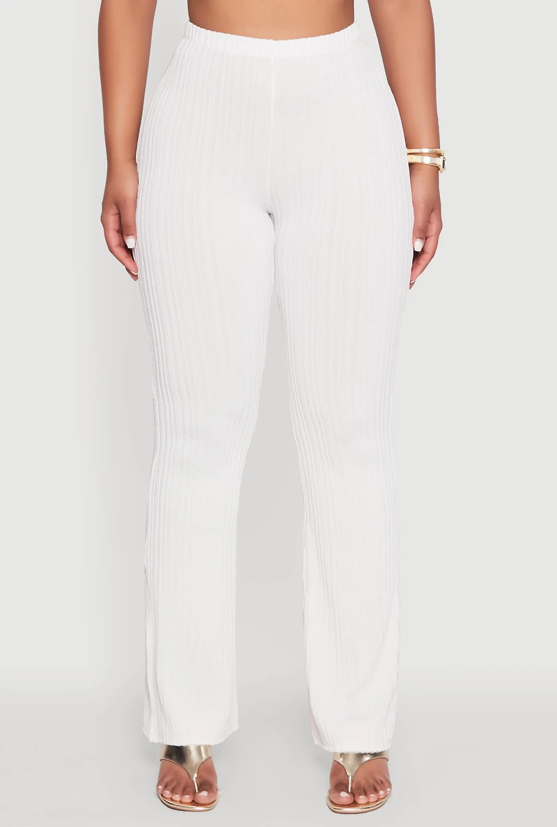 Womens High Waisted Textured Knit Boot Cut Pants, White, Size L