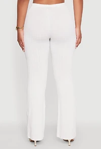Womens High Waisted Textured Knit Boot Cut Pants, White, Size L