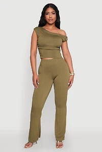 Womens High Waisted Textured Knit Boot Cut Pants, Green, Size L