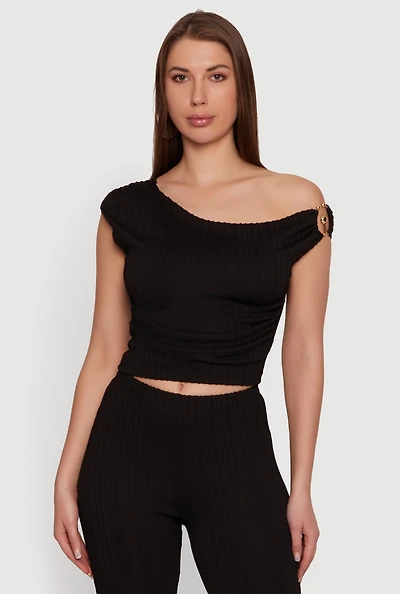 Metallic Detail Rib Knit Asymmetrical Top
