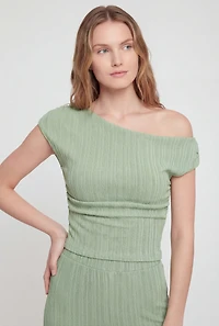 Metallic Detail Rib Knit Asymmetrical Top