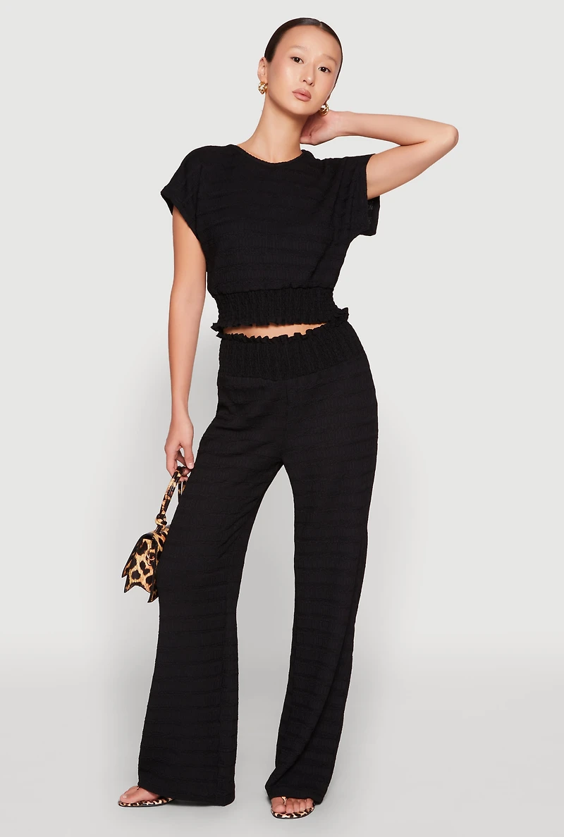 Womens Textured Knit Smocked Waist Top, Black, Size L