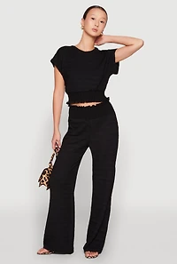 Womens Textured Knit Smocked Waist Top, Black, Size L