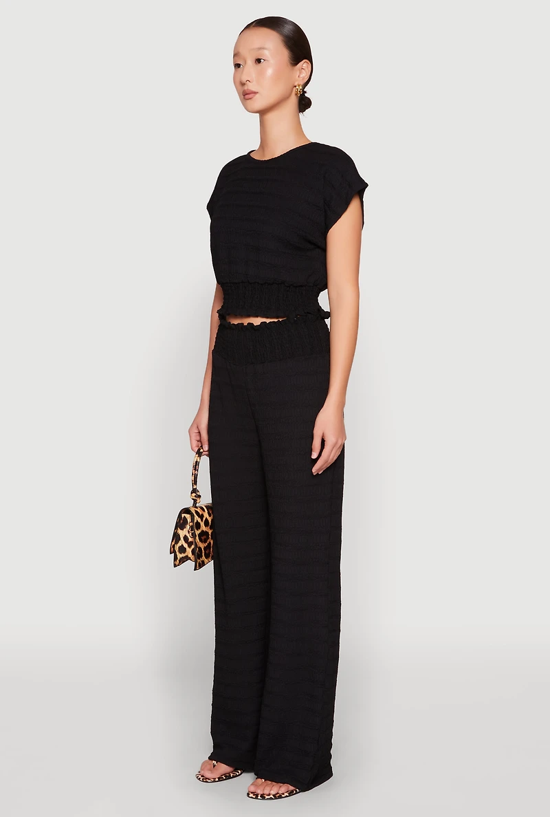 Womens Textured Knit Smocked Waist Top, Black, Size S