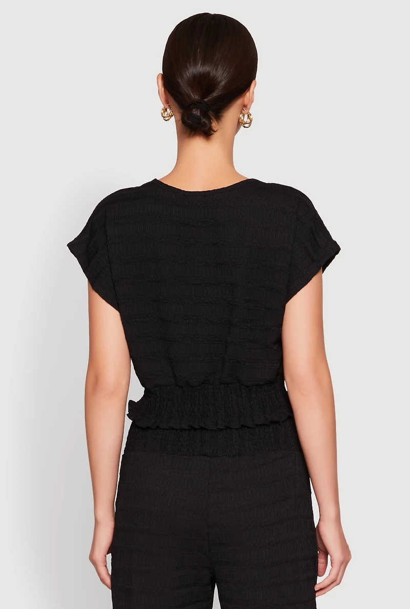Womens Textured Knit Smocked Waist Top, Black, Size S