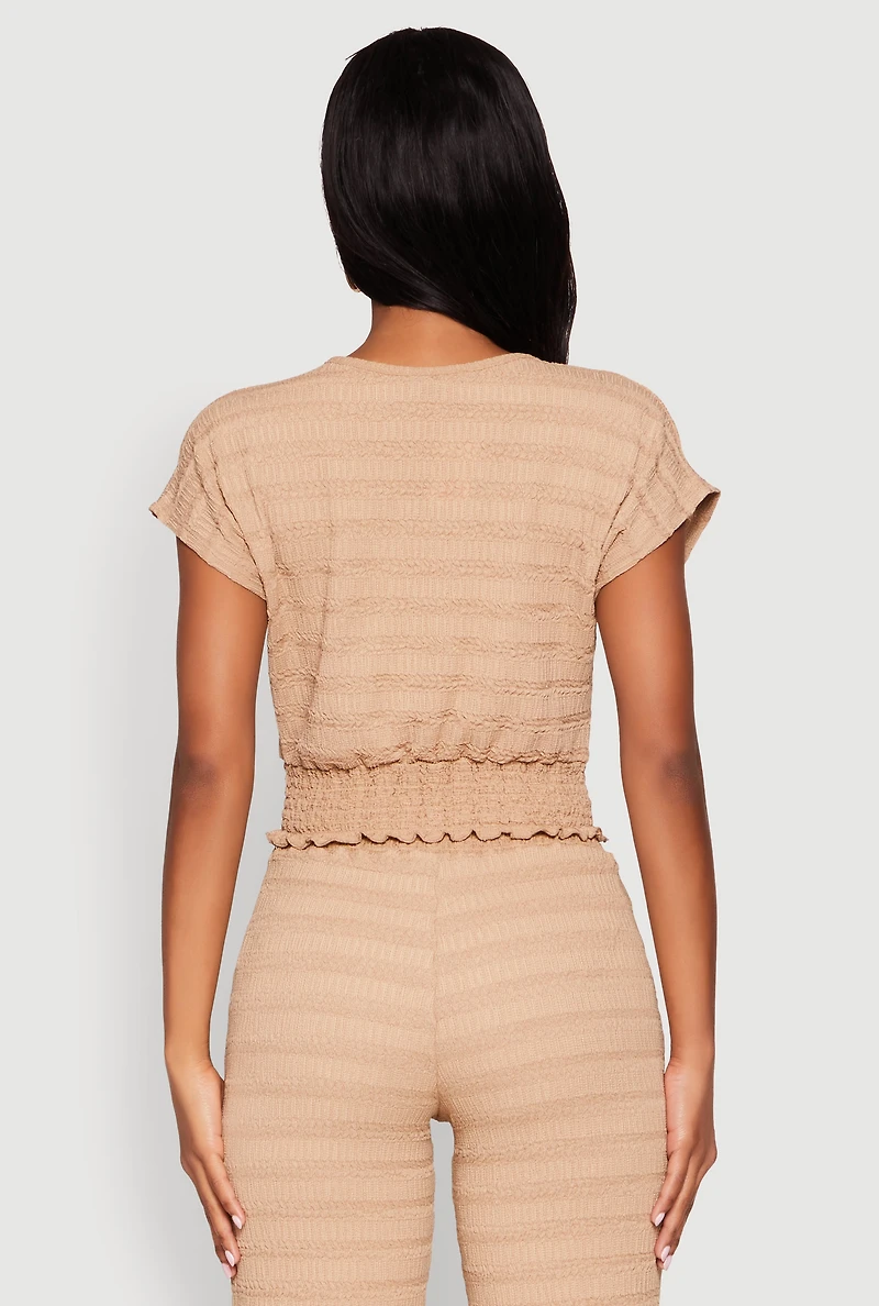 Womens Textured Knit Smocked Waist Top, Beige, Size S