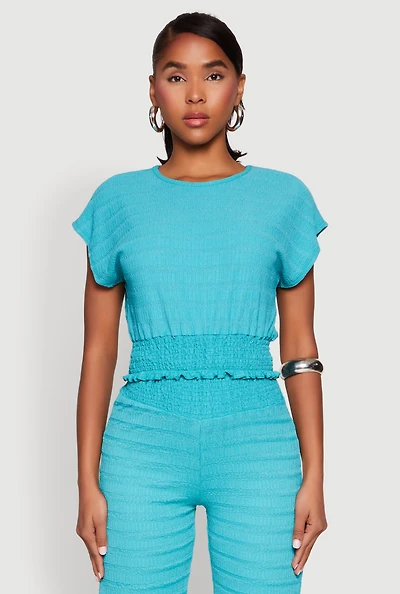 Womens Textured Knit Smocked Waist Top, Blue, Size S