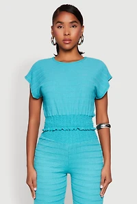 Womens Textured Knit Smocked Waist Top, Blue, Size S
