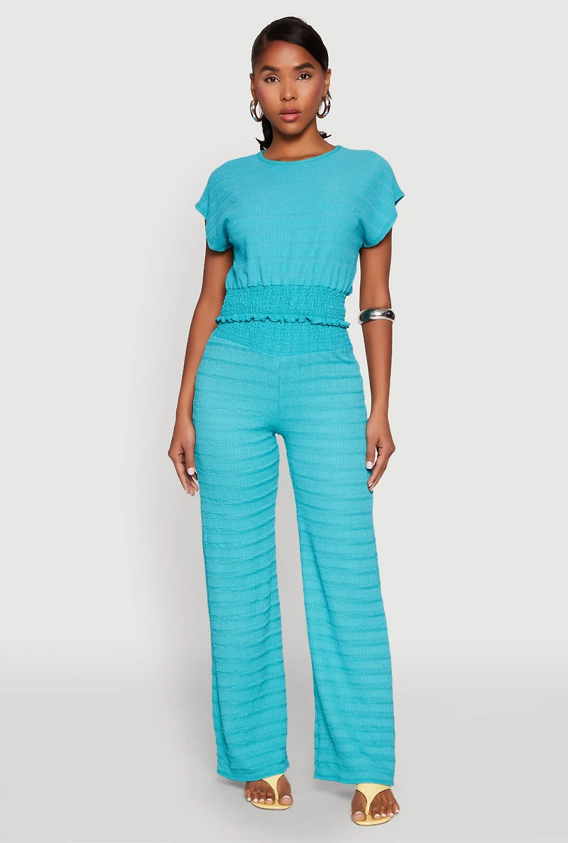 Womens Textured Knit Smocked Waist Top, Blue, Size S