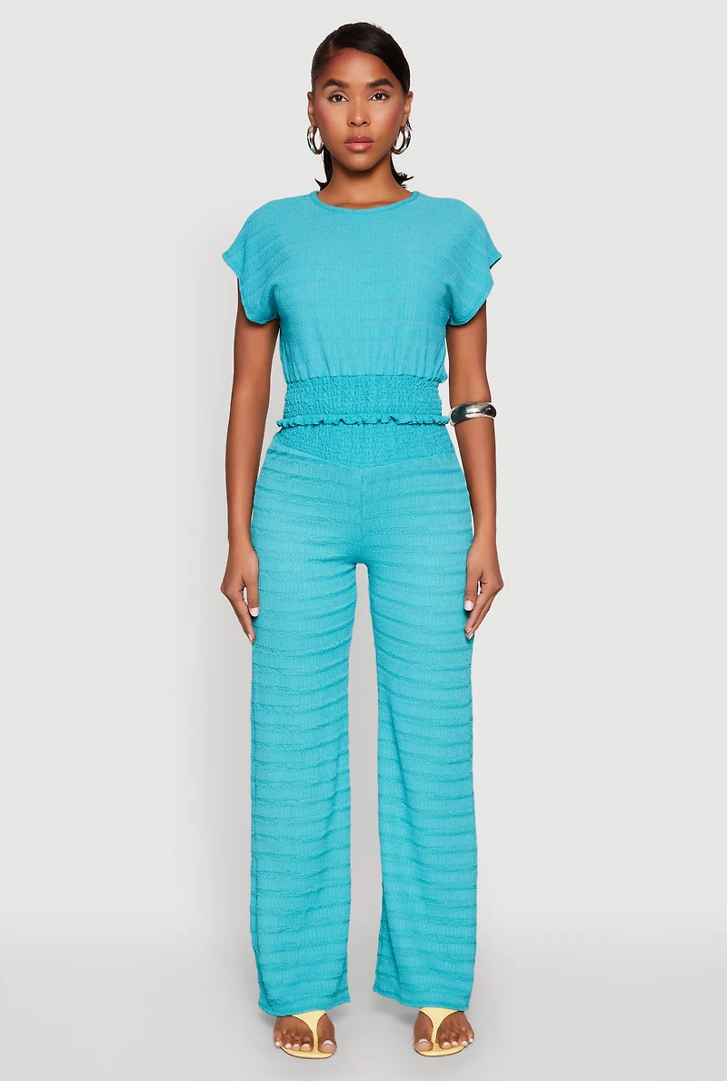 Womens Textured Knit Smocked Waist Top, Blue, Size S