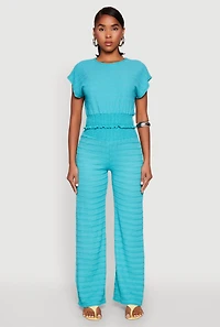 Womens Textured Knit Smocked Waist Top, Blue, Size S