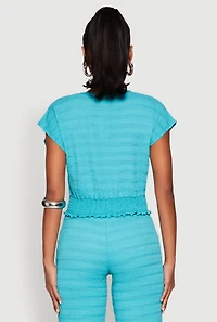 Womens Textured Knit Smocked Waist Top, Blue, Size S