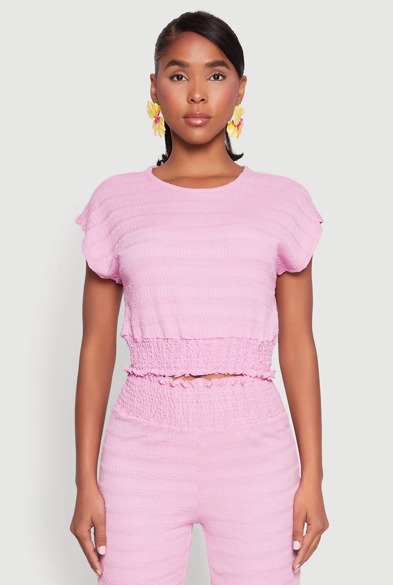 Womens Textured Knit Smocked Waist Top, Pink, Size S