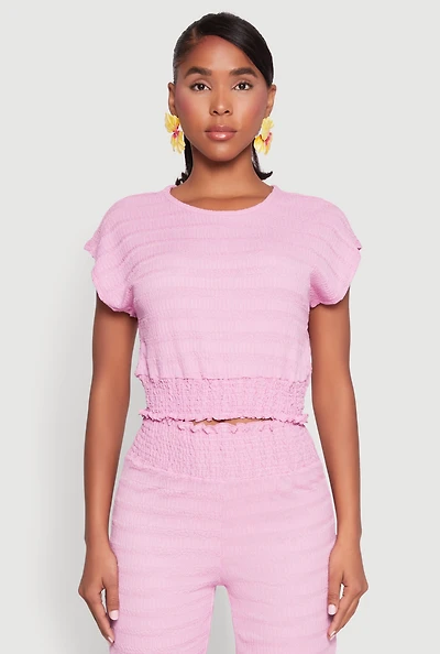 Womens Textured Knit Smocked Waist Top, Pink, Size S