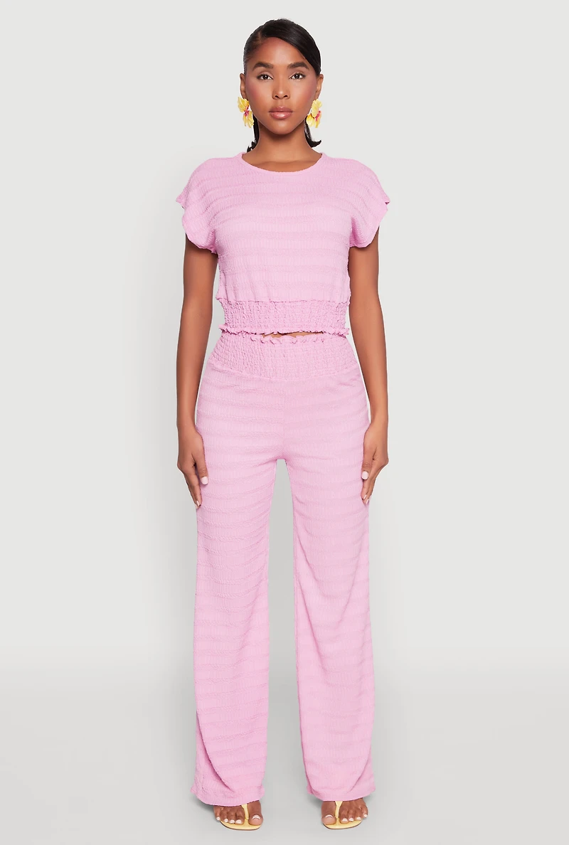 Womens Textured Knit Smocked Waist Top, Pink, Size S