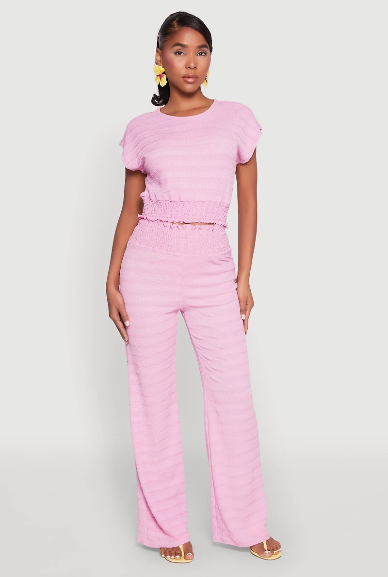 Womens Textured Knit Smocked Waist Top, Pink, Size S