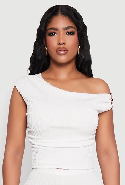 Womens Textured Knit One Shoulder Crop Top, White, Size XL