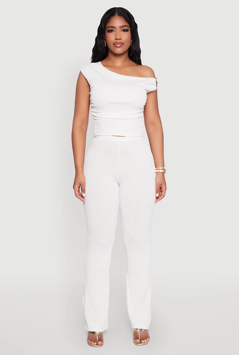 Womens Textured Knit One Shoulder Crop Top, White, Size XL