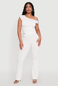 Womens Textured Knit One Shoulder Crop Top, White, Size XL