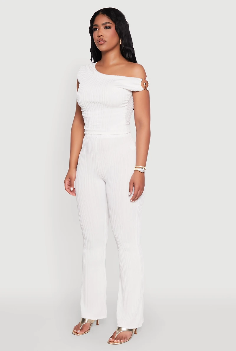 Womens Textured Knit One Shoulder Crop Top, White, Size XL