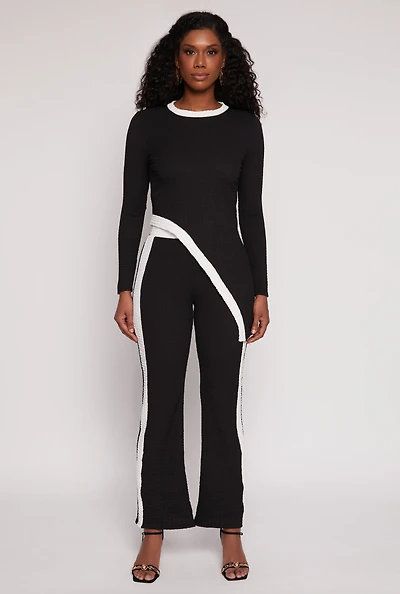 Womens Contrast Trim Textured Knit Pants, Black,