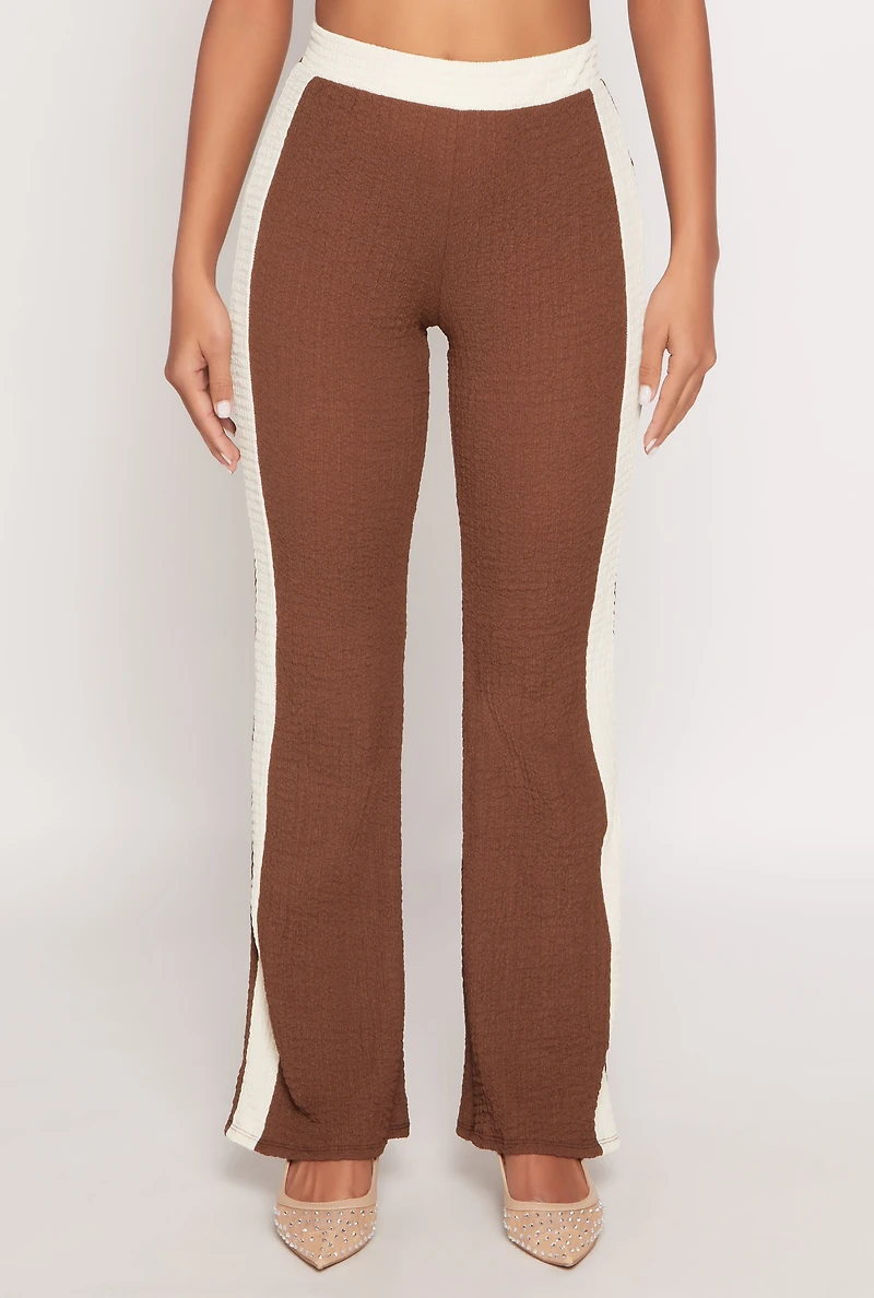 Womens Contrast Trim Textured Knit Pants, Brown, Size S