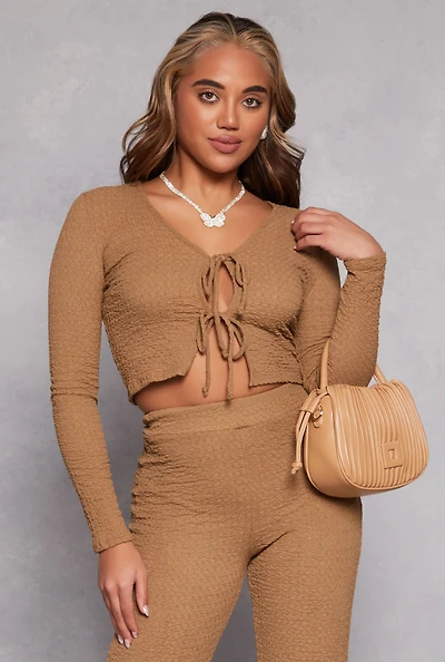 Womens Double Tie Front Crop Top, Beige, Size S