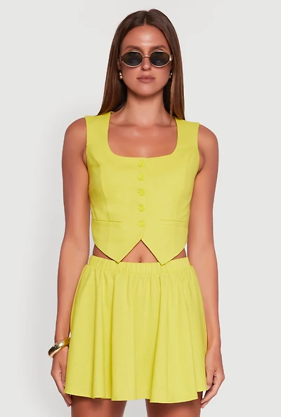 Womens Faux Pocket Button Front Square Neck Vest, Green, Size S