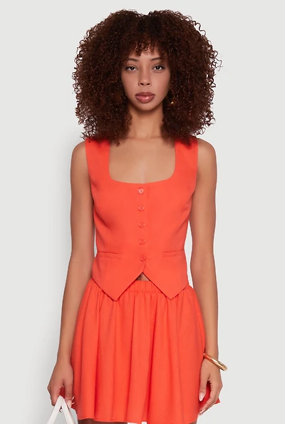 Womens Faux Pocket Button Front Square Neck Vest, Orange, Size S