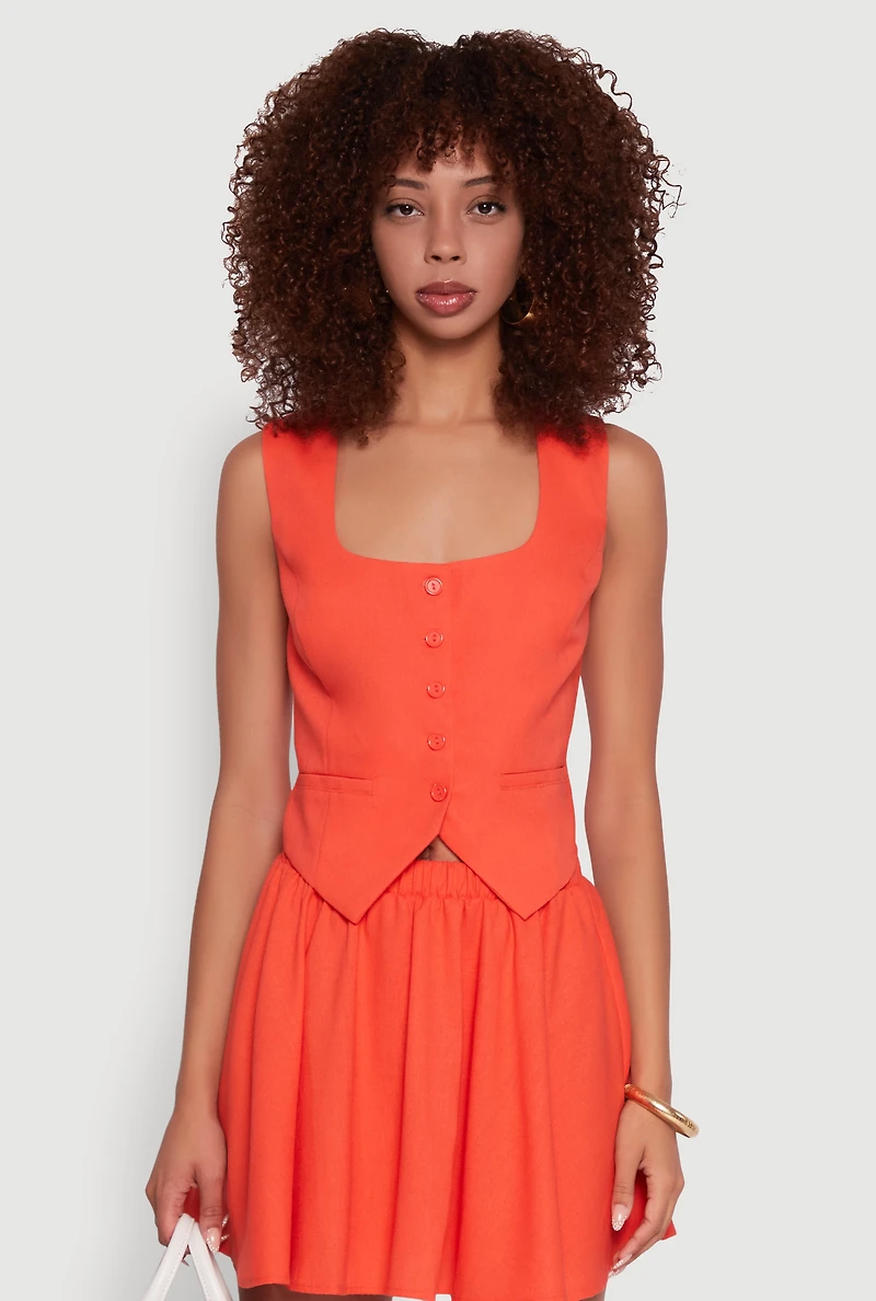 Womens Faux Pocket Button Front Square Neck Vest, Orange, Size L