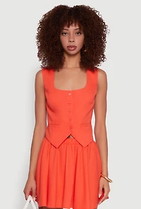 Womens Faux Pocket Button Front Square Neck Vest, Orange, Size L