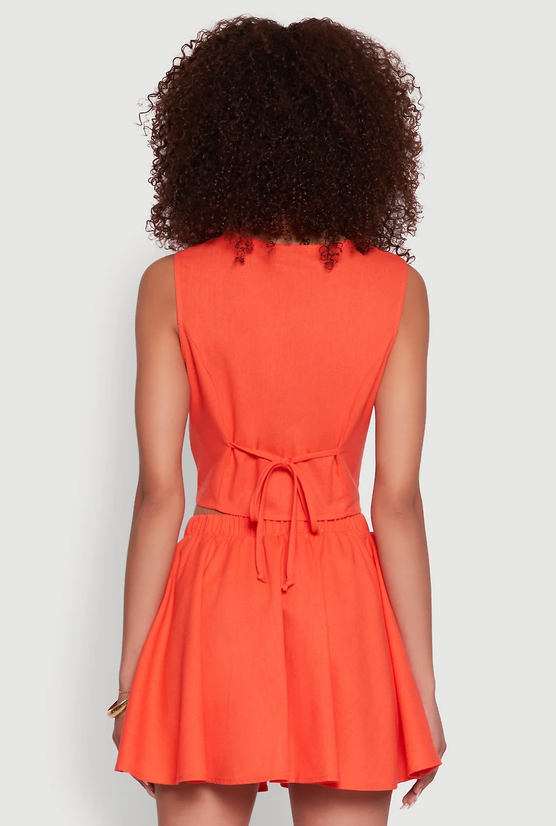 Womens Faux Pocket Button Front Square Neck Vest, Orange, Size L